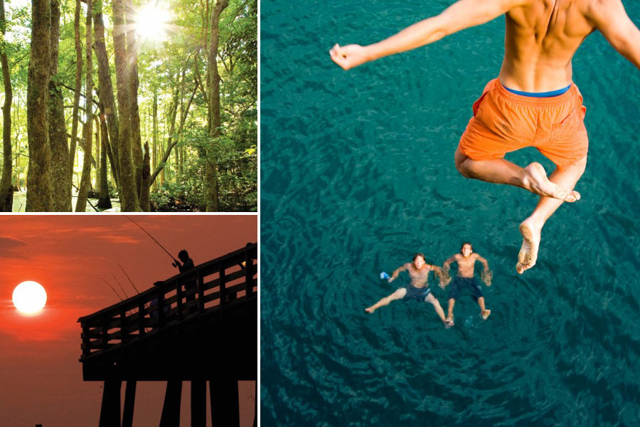 collage of bridge jumpnig, pier fishing and Buxton Woods