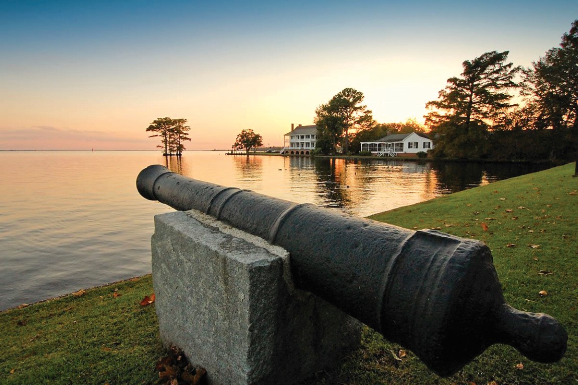 Edenton waterfront view with cannon in foreground