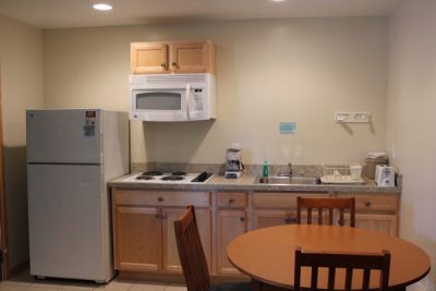 Kitchen area of office-side rooms at Pony Island Motel