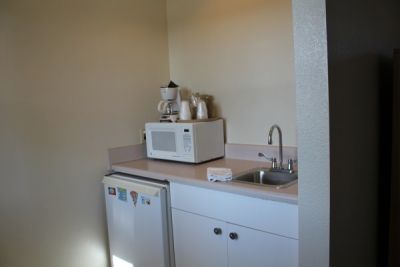 Kitchenette of poolside room at Pony Island Motel