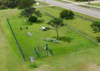 Aerial view of the dog park at Camp Hatteras RV Park & Resort